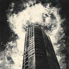 Urban Monochrome: Skyscraper Under a Dramatic Sky