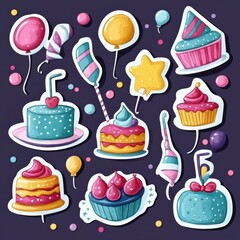 Colorful festive stickers featuring balloons, party hats, cakes, and confetti for celebrations and joyful occasions. Generative AI
