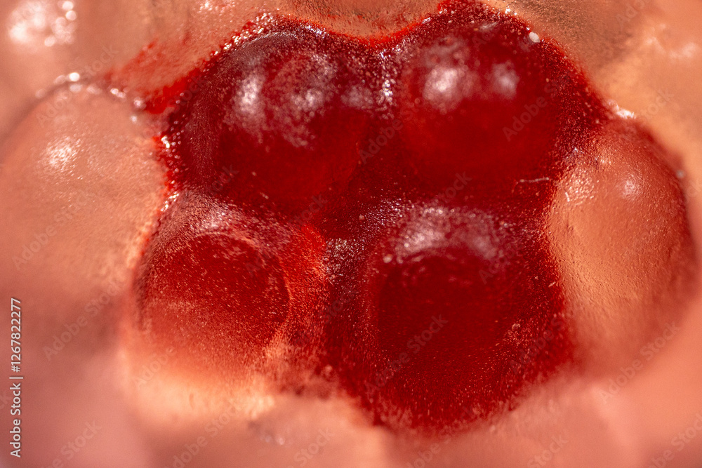 Wall mural A close-up of transparent raspberry-shaped gummy candies with a shiny, bumpy texture. The bright red and pink hues contrast against a dark background, highlighting their sweetness.