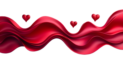Red Fluid Wave with Floating Hearts, Romantic 3D Abstract Design, Valentine’s Day Decorative Element, Isolated on Transparent Background, Cutout.