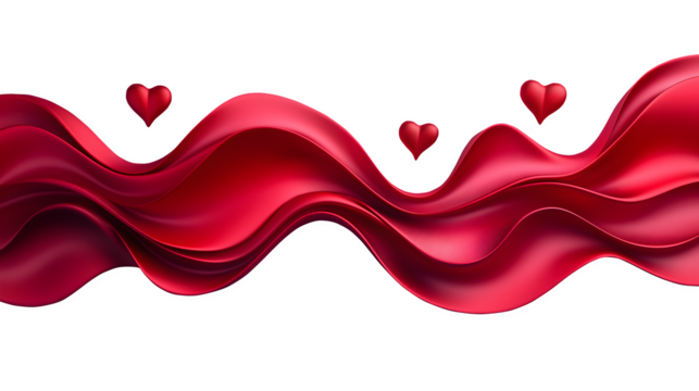 Red Fluid Wave with Floating Hearts, Romantic 3D Abstract Design, Valentine’s Day Decorative Element, Isolated on Transparent Background, Cutout.