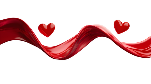 Red Glossy Fluid Wave with Floating Hearts, Romantic 3D Abstract Valentine’s Day Design, Isolated on Transparent Background, Cutout.