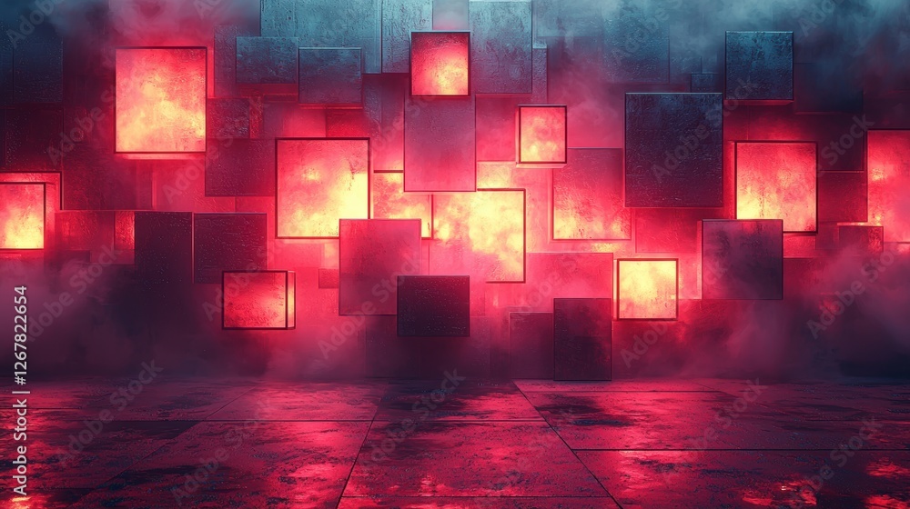 Poster abstract scene with glowing boxes and fog, creating a surreal atmosphere.