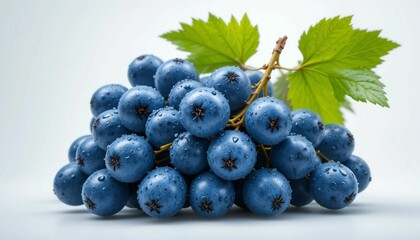 Fototapeta premium Fresh Blue Grapes Bunch with Water Droplets – Isolated on White , bunch of blueberries