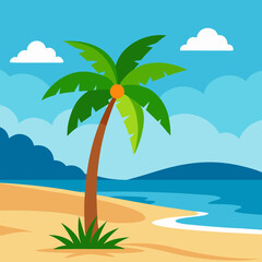 Stunning Tropical Beach Landscape with Palm Tree Vector Art