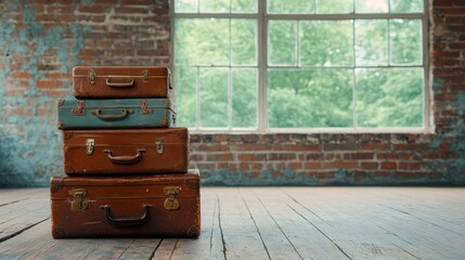 A collection of charming vintage suitcases arranged in a rustic room with sunlight streaming through large windows, encapsulating the spirit of travel and adventure.
