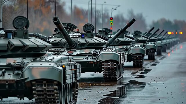 A row of military tanks in formation on a parade route, with the focus on their turrets and tracks.