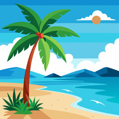 Stunning Tropical Beach Landscape with Palm Tree Vector Art