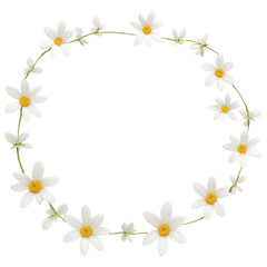 Obraz premium A delicate floral wreath of white daisies with bright yellow centers, forming a perfect circular frame. This elegant botanical design symbolizes purity, innocence, and natural beauty.