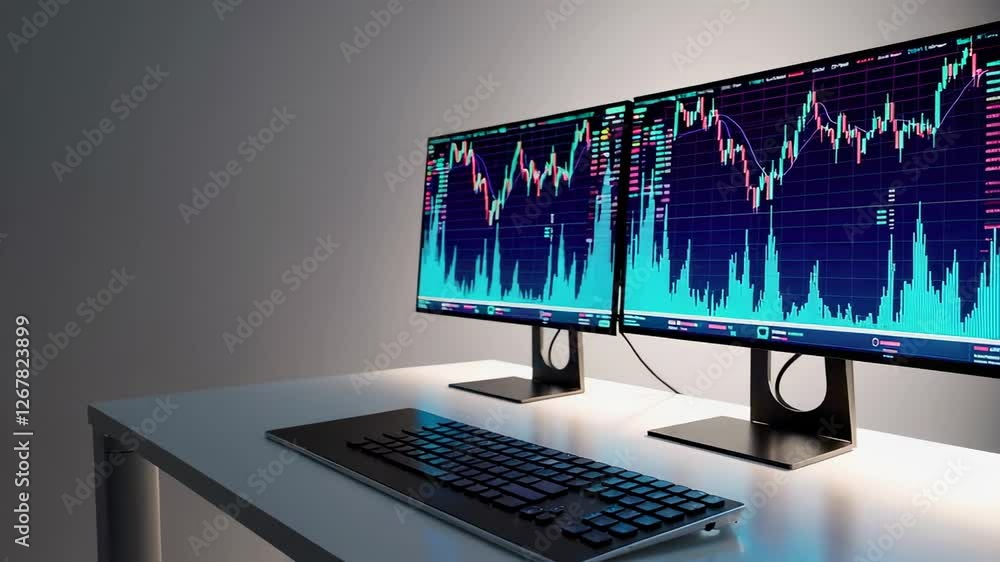 Poster financial data visualization spreading across computer monitors in dark office environment, revealin