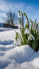 A close-up of blooming snowdrops poking through the snow, blue sky in backgrund high quality
