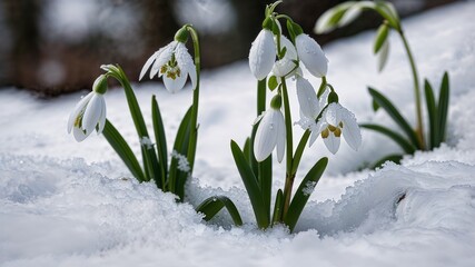 A close-up of blooming snowdrops poking through the snow, blue sky in backgrund high quality
