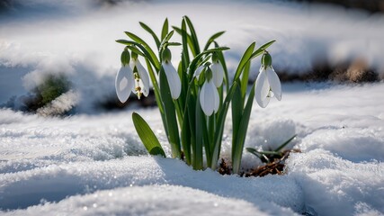 A close-up of blooming snowdrops poking through the snow, blue sky in backgrund high quality