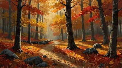 Fototapeta premium A quiet autumn scene with falling red, orange, and yellow leaves, creating a soft and colorful forest