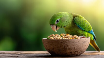 A green parrot curiously pecks at a bowl of colorful bird food, set against a blurred natural background that captures the essence of wildlife and pet care in a joyful moment.