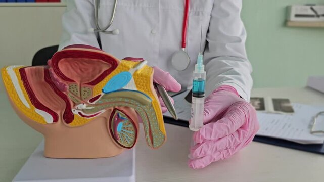 Injection into the penis. Penile injection therapy. Testosterone boosting shots. Modern methods of hormonal stimulating therapy expand spermatogenesis in men