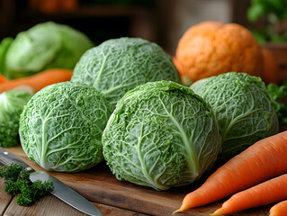Freshly Shredded Cabbage With Carrots and Herbs on a Wooden Cutting Board in a Rustic Kitchen Setting