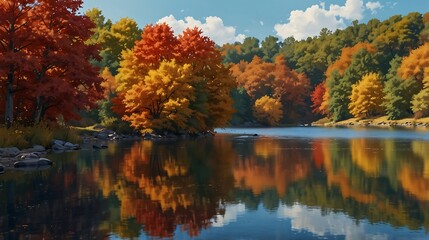 Fototapeta premium A dreamy autumn scene with golden leaves, a peaceful river, and soft sunlight filtering through