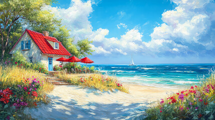 A vibrant beach scene with a charming house, colorful flowers, and a serene ocean under a bright blue sky.