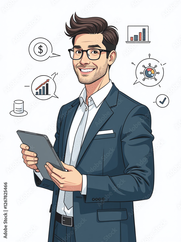 Aufkleber businessman holds tablet with a smile, surrounded by business concepts in isolation against a clean 