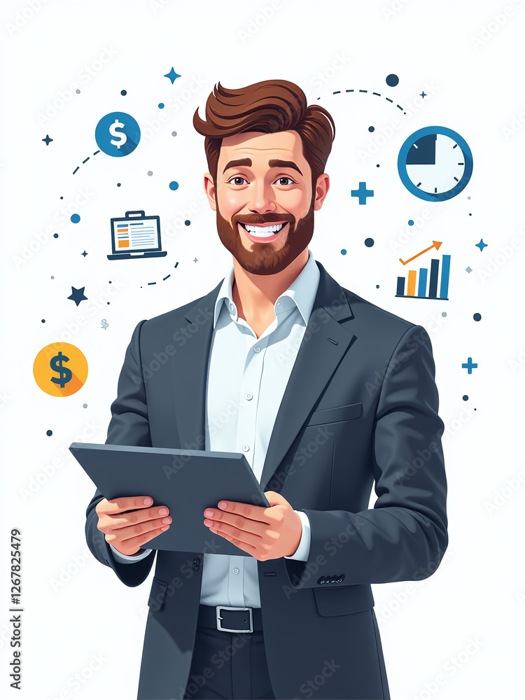 Poster businessman holds tablet with a smile, surrounded by business concepts in isolation against a clean 