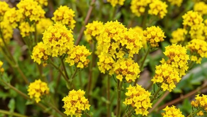 Obraz premium Yellow flowers in clusters on cypress spurge stems, botanical, flowering plant, euphorbia