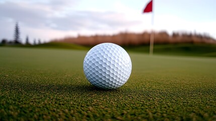 Obraz premium Golf ball on green grass near flag golf course sports photography outdoor environment close-up view golfing concept for enthusiasts