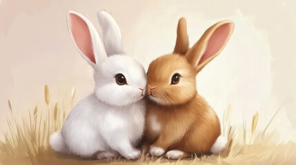 Cute rabbits cuddling in a field.  Possible use for children's book illustration