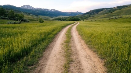 Fototapeta premium A serene dirt path winding through a vibrant green landscape under a clear sky, inviting travelers to explore the beauty of nature and the wilderness beyond.