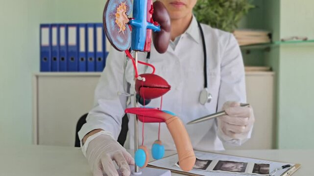 Medical professional explains human anatomy using anatomical model in clinical setting