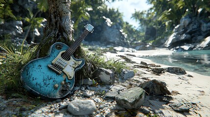 Weathered guitar rests on tropical beach, calm waters background; music album cover