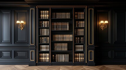 Elegant black library with gold accents, bookshelves, and wall paneling.