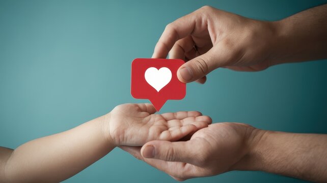 Hands exchanging a red like heart social media icon