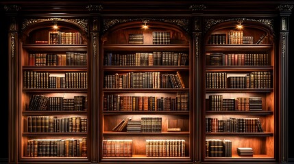 Ornate wooden bookcase filled with antique books, illuminated by warm lights.