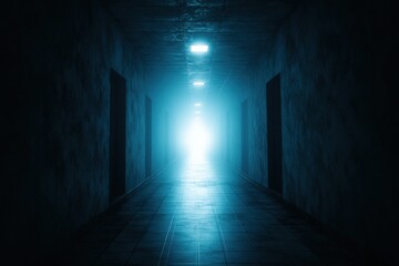 Obraz premium Eerie blue hallway with glowing end.