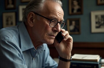 An elderly man is talking to scammers on the phone.