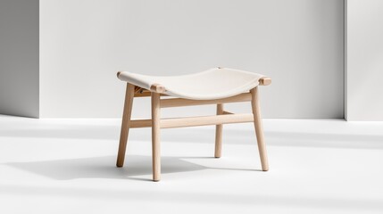 Fototapeta premium Minimalist wooden stool with a curved white canvas seat stands in a bright, sunlit studio with clean white walls.