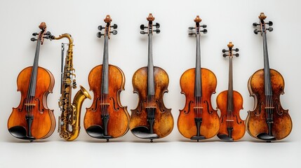 Fototapeta premium Studio shot Saxophone and violins, music instruments, white background, orchestra