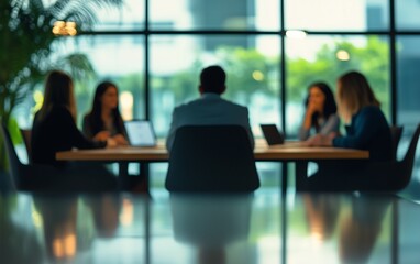 Professional business meeting in a modern office with blurred executives engaged in discussion, illuminated by warm ambient lighting through large glass windows