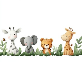 Cute Safari Animals in Watercolor Style Illustration
