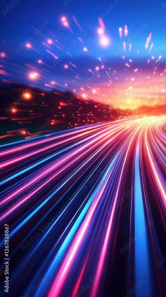 Poster vibrant light trails on a highway at sunset creating a dynamic motion effect