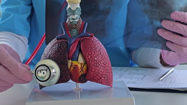 Detailed examination of a heart and lung anatomy model in an educational setting