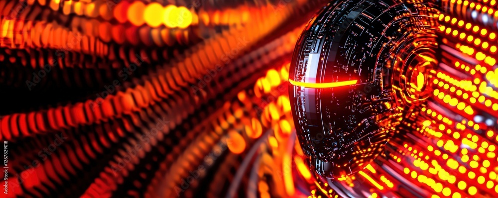 Poster futuristic robot head glowing with red and orange lights in an abstract digital environment