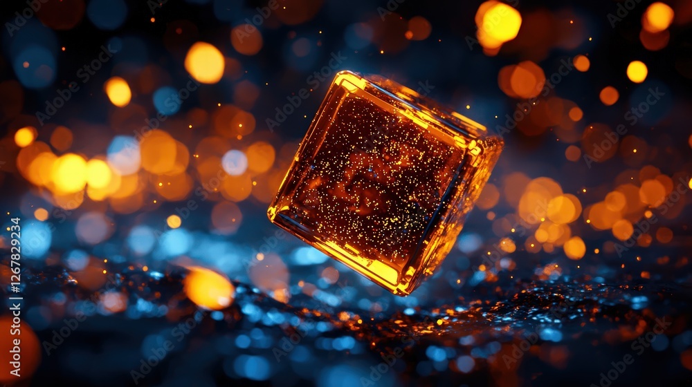 Poster illuminated colorful 3d cube floating amidst sparkling blue and orange particles