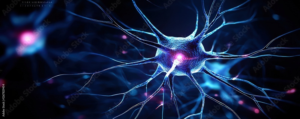 Poster abstract visualization of neuron structure with glowing blue connections in digital science