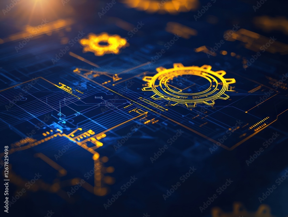 Poster close up of intricate digital technology blueprint with geometric patterns and yellow elements