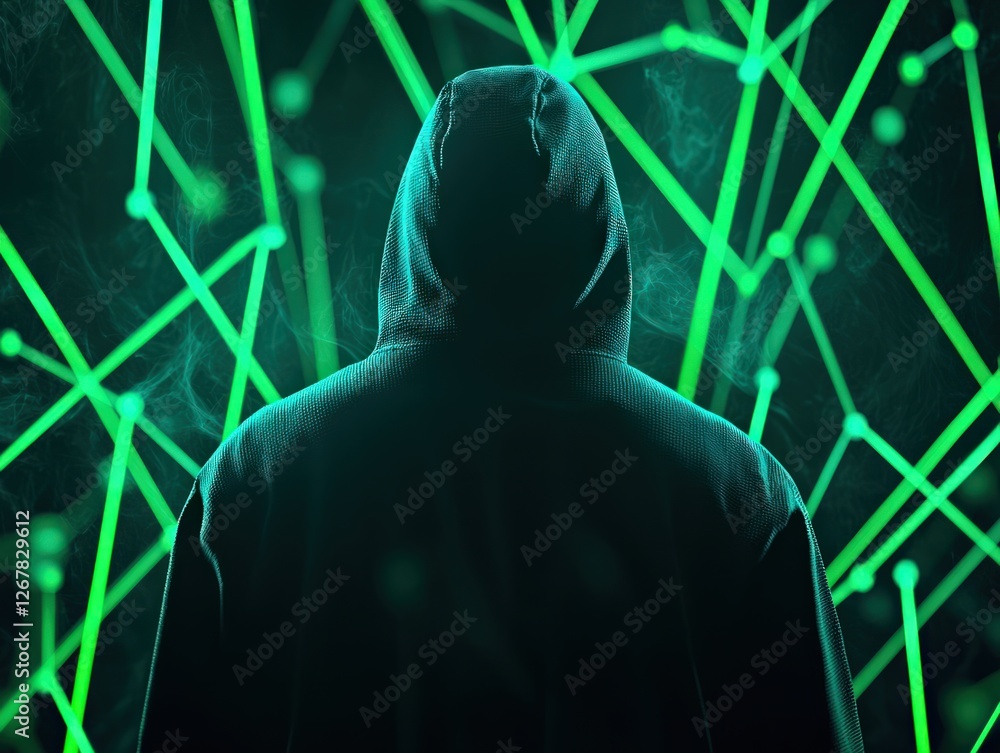 Poster hooded figure in front of glowing green network pattern representing cybersecurity and technology