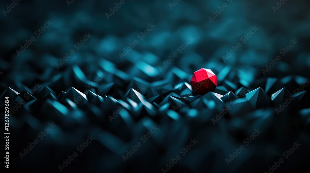 Poster single red geometric shape resting on textured blue surface creating a dramatic visual contrast