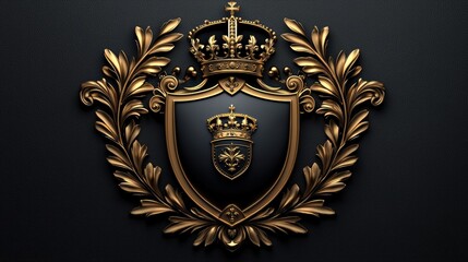 A decorative emblem featuring a crown and ornate foliage design.