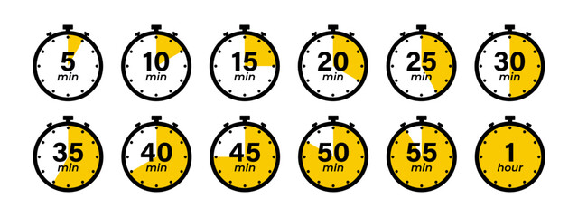 Timer, clock, stopwatch of 5, 10, 15, 20, 25, 30, 35, 40, 45, 50, 55 min and 1 hour isolated set icons. Countdown timer symbol icon set. Label cooking time. Vector illustration.